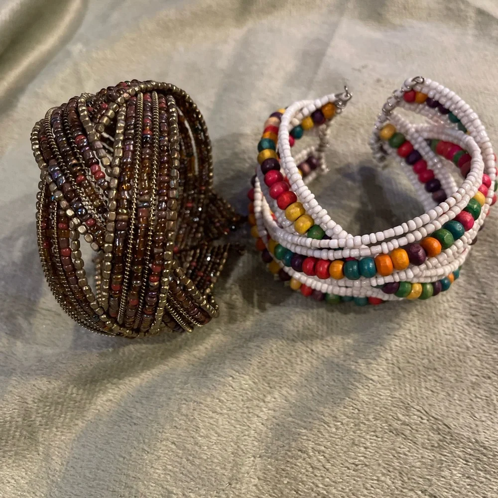 Set of 2 Boho Beaded Cuff Bracelets. Brown & Multi Colored Tones